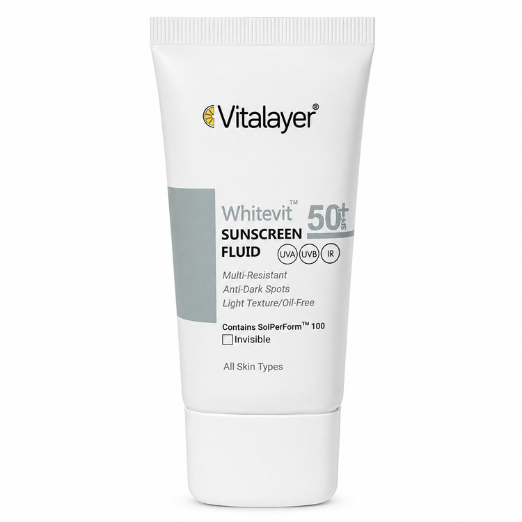 فلوئید ضد آفتاب بی رنگ ویتالیر مدل WHITEVIT حجم ۵۰ میلی گرم SPF 50 ضدلک و ضد آب مناسب انواع پوست