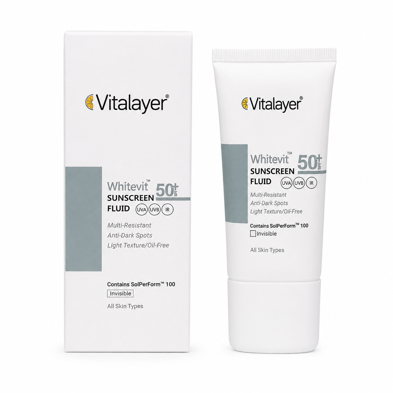 فلوئید ضد آفتاب بی رنگ ویتالیر مدل WHITEVIT حجم ۵۰ میلی گرم SPF 50 ضدلک و ضد آب مناسب انواع پوست