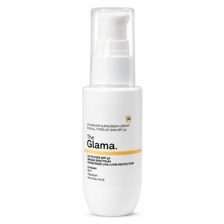 کرم ضد آفتاب گلاما GLAMA بی رنگ مدل BROAD SPECTRUM مناسب انواع پوست SPF50 حجم ۵۰ میلی لیتر