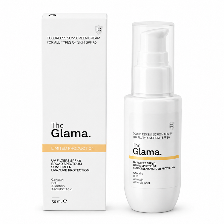 کرم ضد آفتاب گلاما GLAMA بی رنگ مدل BROAD SPECTRUM مناسب انواع پوست SPF50 حجم ۵۰ میلی لیتر