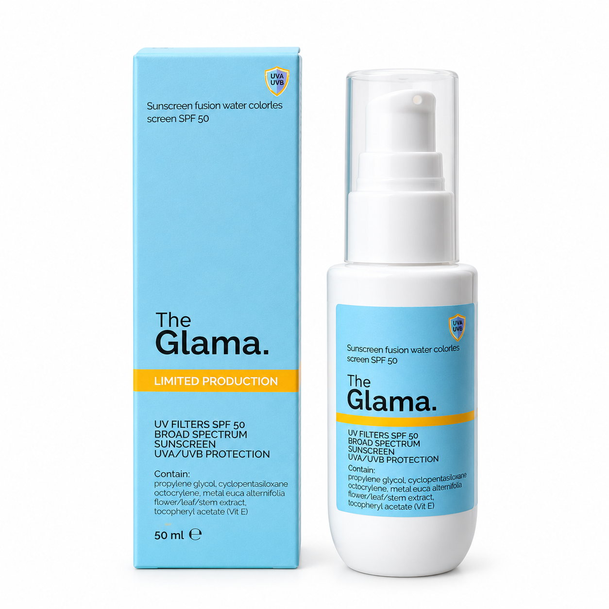 کرم ضد آفتاب گلاما THE GLAMA مدل FUSION WATER مناسب انواع پوست SPF50 حجم 50 میلی لیتر